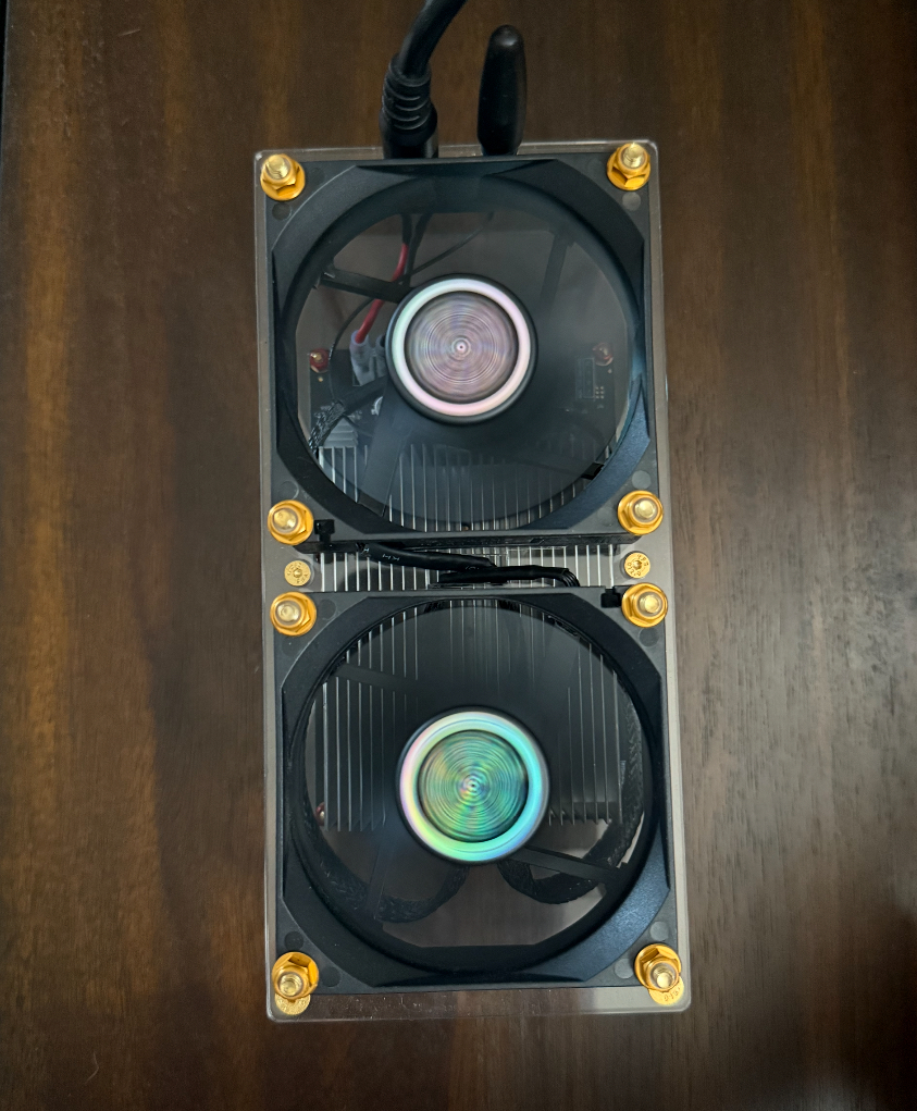 Top-down view of the Bitaxe Hex showing the six-chip layout.