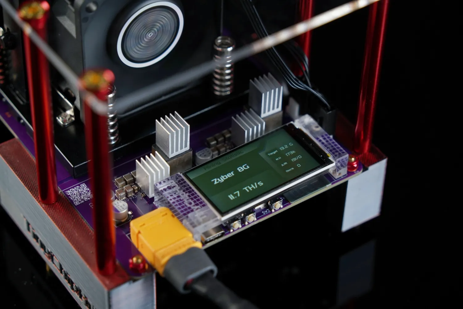 Close-up of Zyber 8G LCD showing hashrate and temps